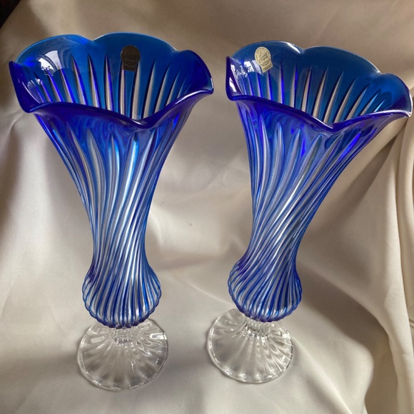 Cristal D'Arques Blue Vases Scalloped Footed Twist Stem 24% Lead Crystal France - Picture 4 of 8